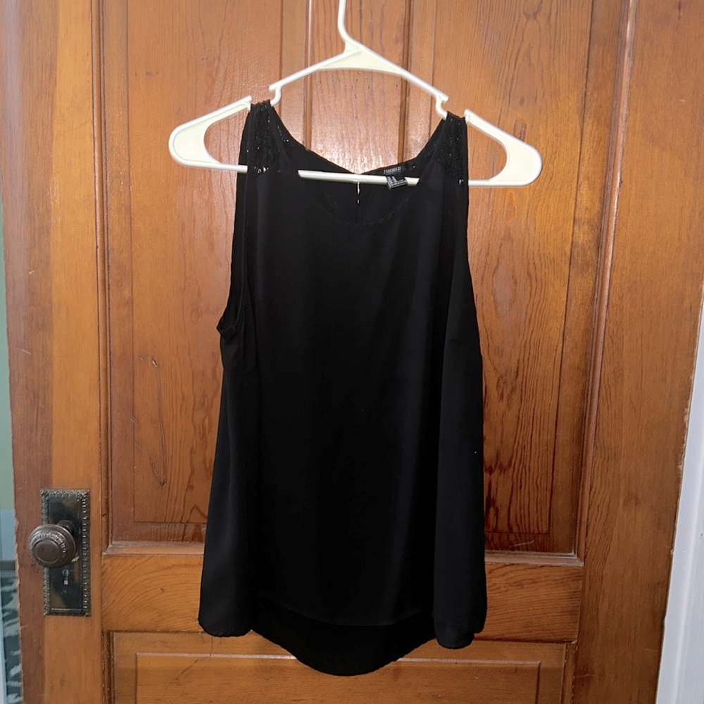 Forever 21 black silk blouse with lace strap on the shoulder detail